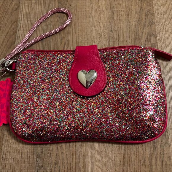 Y2K Candie's Multi Pink Rainbow Glitter Zipper and Heart Close Clutch NWT - Picture 1 of 3